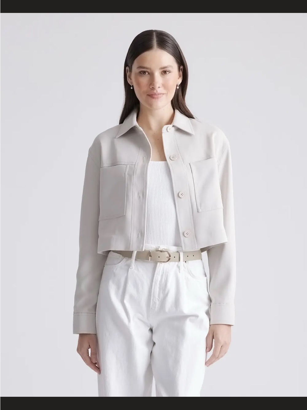 Quince Stretch Cropped crepe in Sand color Button-Front